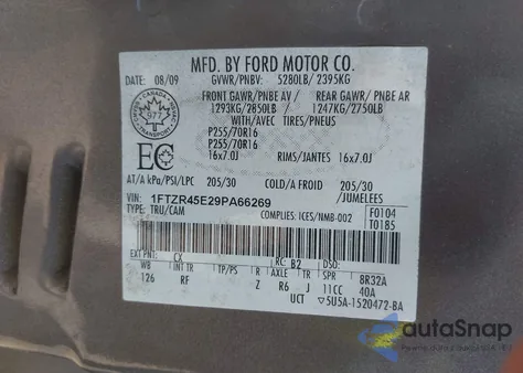 2009 Ford Ranger Fx4 Off-Road/Sport/Xlt z USA, uszkodzony, nr VIN 1FTZR45E29PA66269